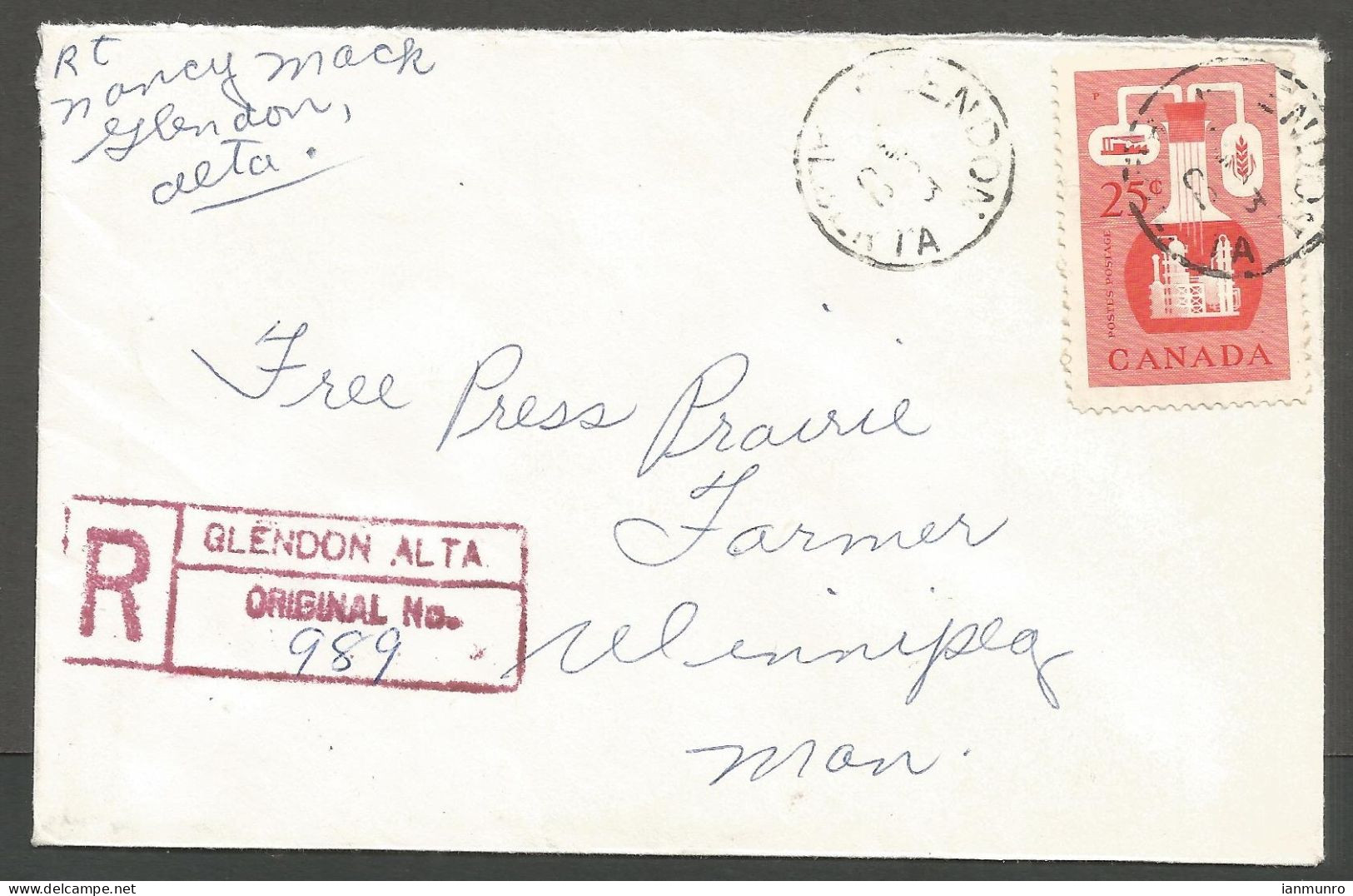 1962 Registered Cover 25c Chemical CDS Glendon AB To Winnipeg Manitoba - Postgeschichte