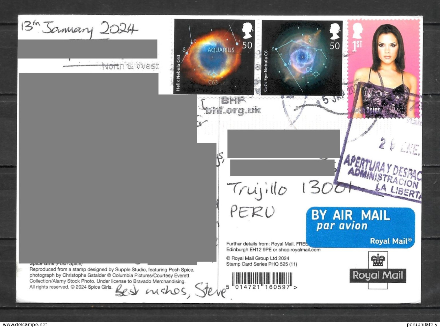 UK , Spice Girl Card& Stamp Sent To Peru - Sänger