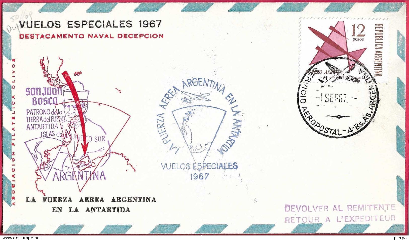 ARGENTINA - VOLO SPECIALE DA BUENOS AIRES A BASE ANTARTICA *1.SEPT.1967* SU BUSTA SPECIALE - Storia Postale