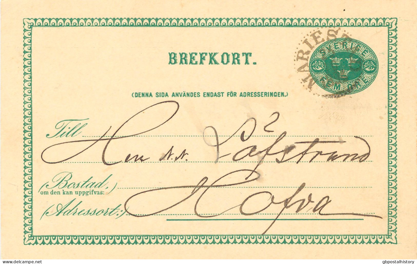 SWEDEN October 25th, 1894, "MARIESTAD" K1 On Superb 5 (FEM) ÖRE Green Postal Stationery Postcard - 1885-1911 Oscar II