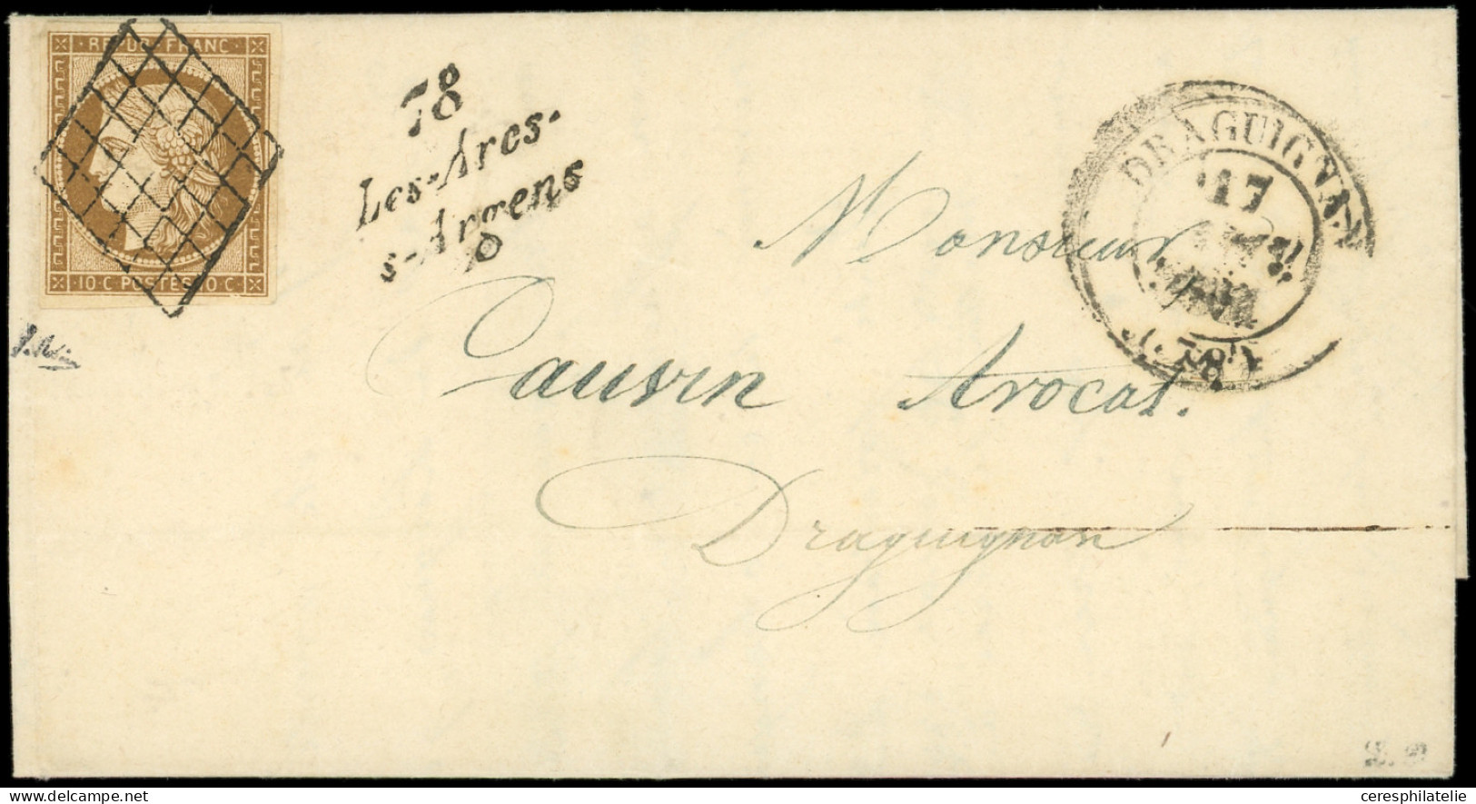 Let EMISSION DE 1849 - 1b   10c. Bistre-VERDATRE, Obl. GRILLE S. LAC, Càd T14 DRAGUIGNAN 17/1/51 Et Cursive 78/LES ARCS/ - 1849-1876: Klassieke Periode