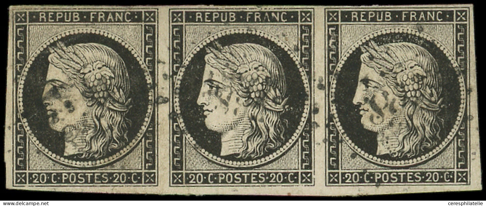 EMISSION DE 1849 - 3    20c. Noir Sur Jaune, BANDE De 3 Obl. PC, 2 Ex. Défx, Aspect TB. C - 1849-1850 Cérès