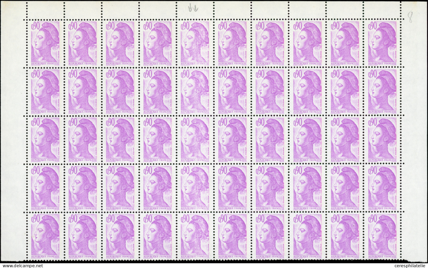 ** VARIETES - 2242   Liberté, 0,90 Violet Clair, BLOC De 50 Haut De Feuille, 5 Ex. Impr. DEFECTUEUSE, TB. J - Unused Stamps