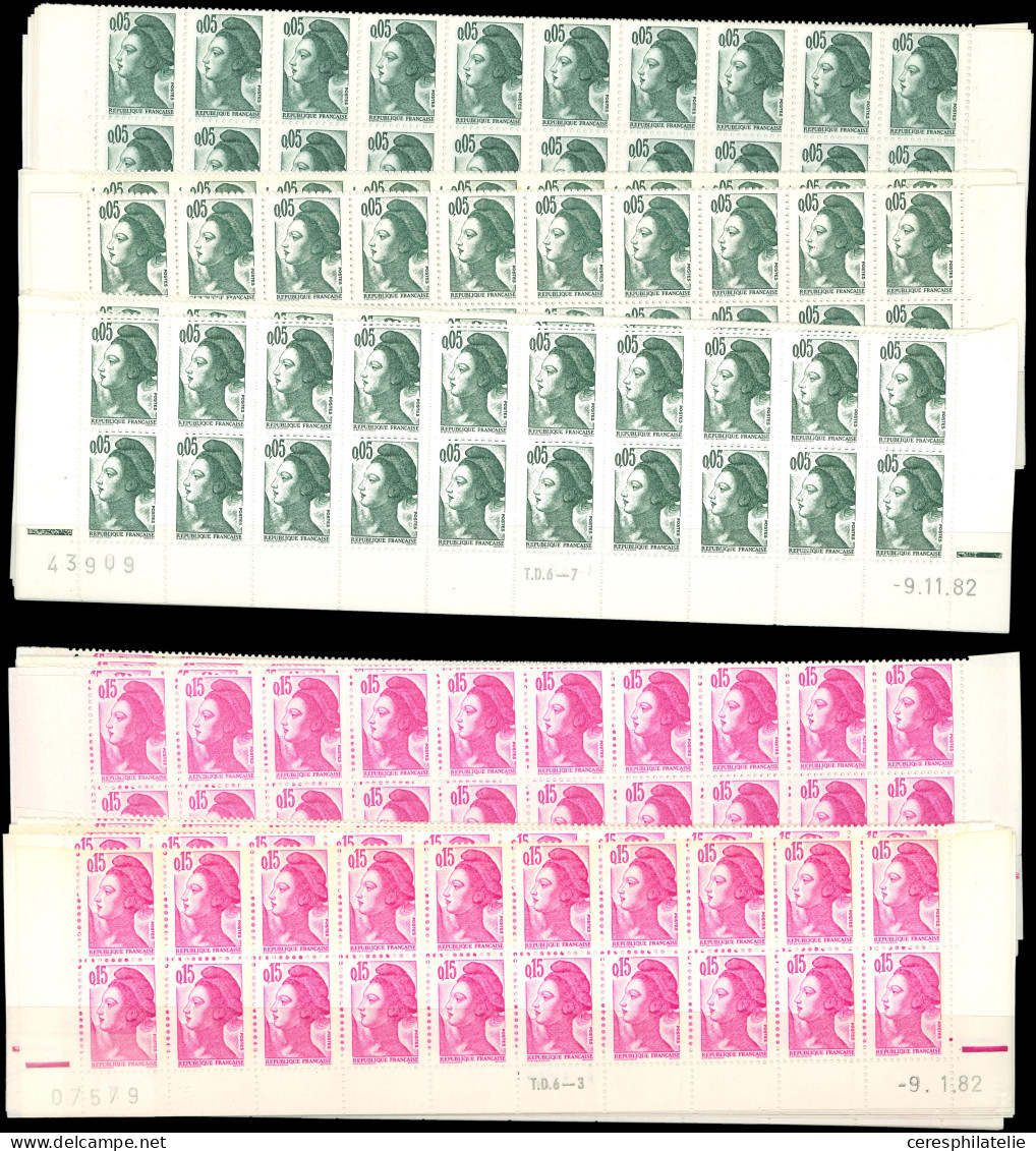 ** N°2178, 2180 Et 2183 Liberté, 0,05, 0,15 Et 0,40, Ensemble De 129 Bas De Feuilles De 20, Nombreuses Dates Différentes - Collections