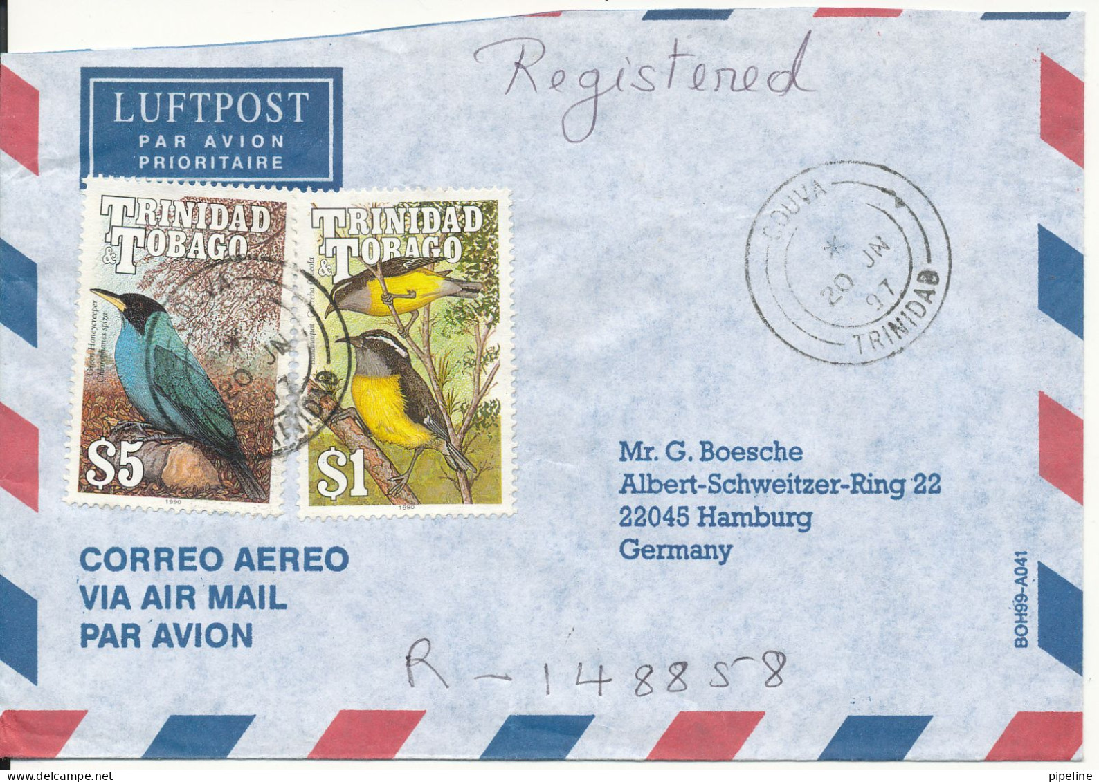 Trinidad & Tobago Registered Air Mail Cover Sent To Germany 20-6-1996 BIRDS - Trinidad Y Tobago (1962-...)