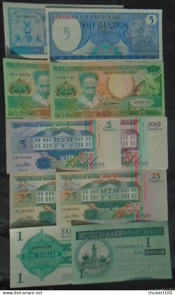 SURINAME , P 125	 132b 136b 138c 139a 155 ,  5 25 100 Gulden + 1 Dollar ,  1991 1996 2003 , UNC , 10 Notes - Surinam