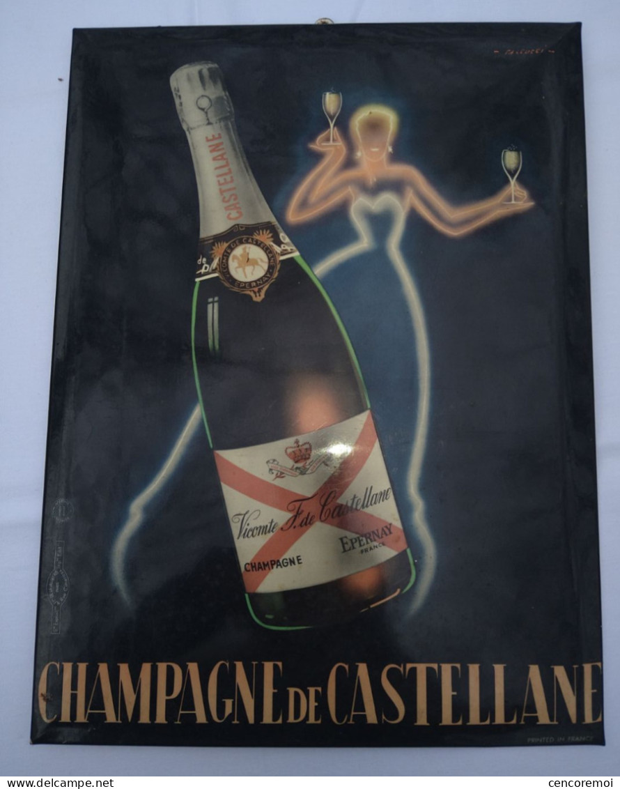 PLV Ancienne Publicité Champagne De Castellane Signé Falcucci, Glaçoïd Ancien Publicitaire Epernay - Champagne & Mousseux