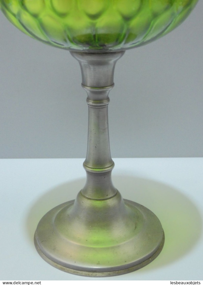 - ANCIENNE LAMPE A PETROLE PIED ETAIN BOL VERRE COULEUR VERTE Complète   E