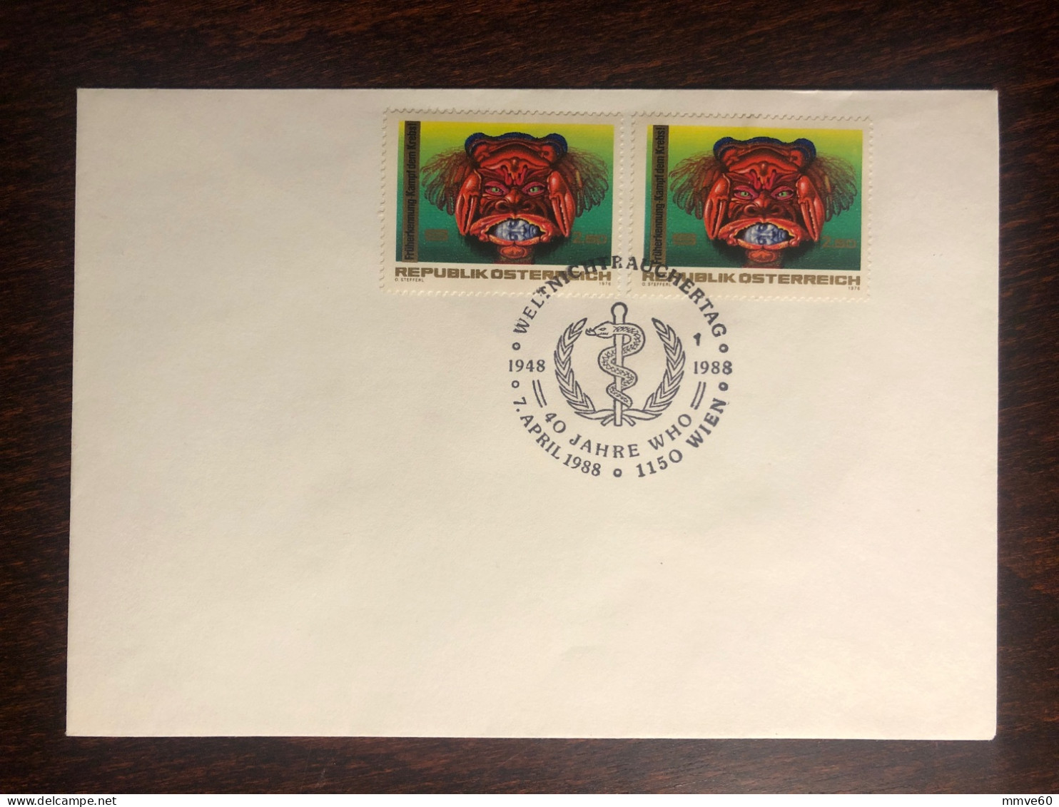 AUSTRIA COVER WITH SPECIAL CANCELLATION 1988 YEAR WHO CANCER HEALTH MEDICINE STAMPS - Covers & Documents