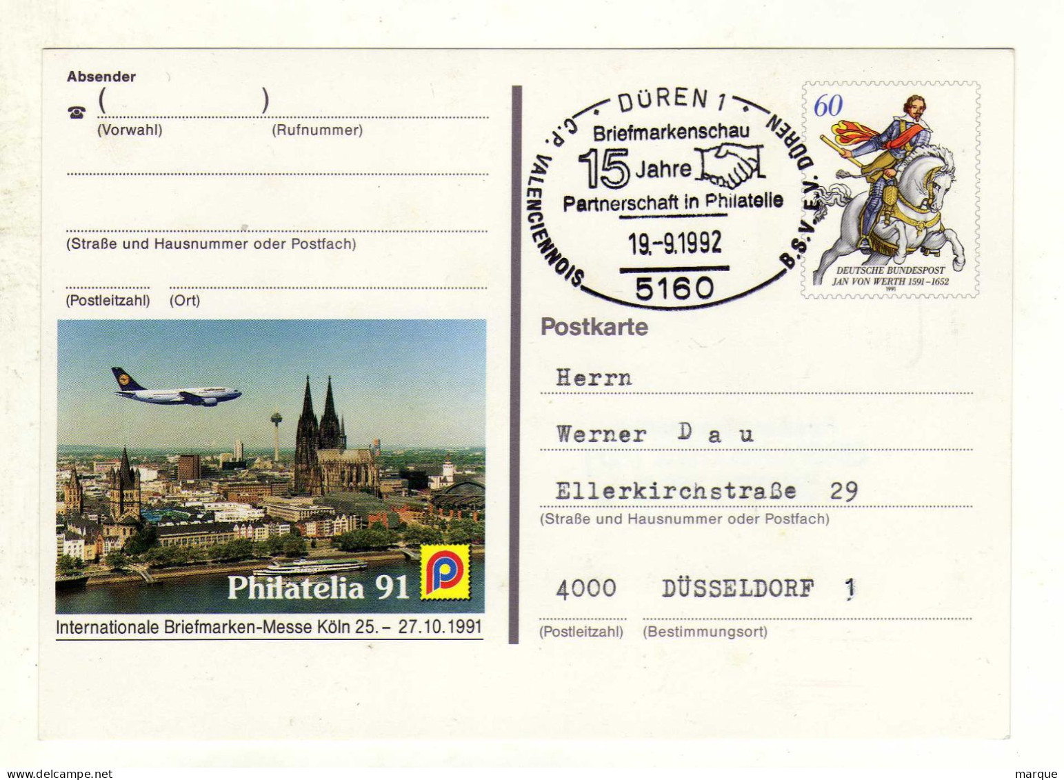 Carte ALLEMAGNE DEUTSCHE BUNDESPOST Oblitération 5160 DUREN 1 19/09/1992 - Cartoline - Usati