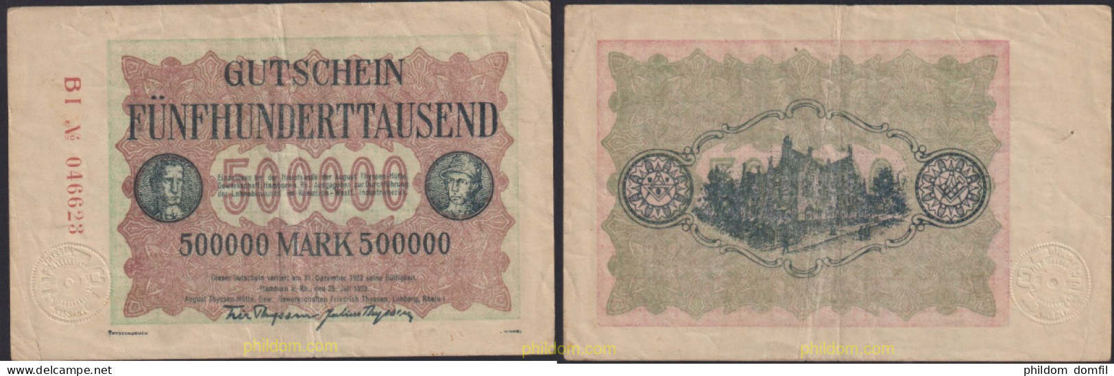 3139 ALEMANIA 1923 GERMANY 500000 MARK ALLEMAGNE HAMBORN AM RHEIN 1923 - Reichsschuldenverwaltung