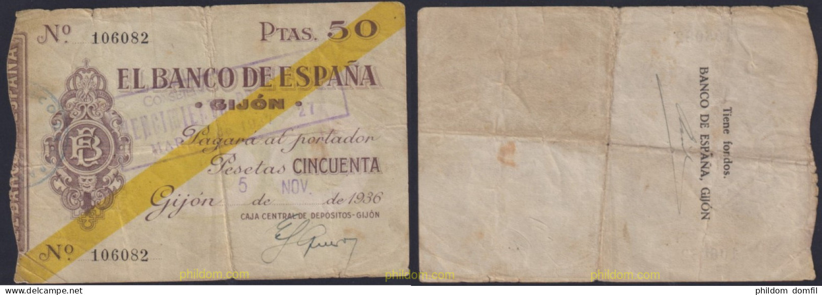 3883 ESPAÑA 1936 BANCO ESPAÑA GIJON 50 PESETAS 1936 - Autres & Non Classés