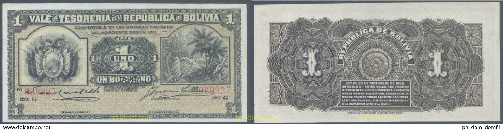 7152 BOLIVIA 1902 BOLIVIA 1 BOLIVIANO 1902 TESORERIA - Bolivie