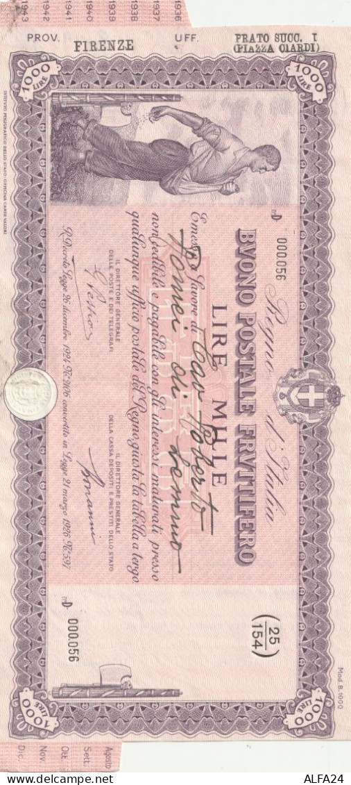 BANCONOTA BUONO POSTALE FRUTTIFERO L.1000 1936   (B_787 - Non Classés