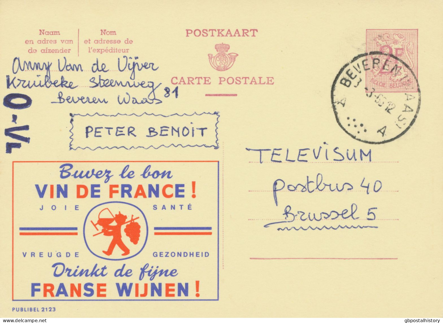 BELGIUM VILLAGE POSTMARKS  BEVEREN (WAAS) A SC With Dots 1966 (Postal Stationery 2 F, PUBLIBEL 2123) - Postmarks - Points