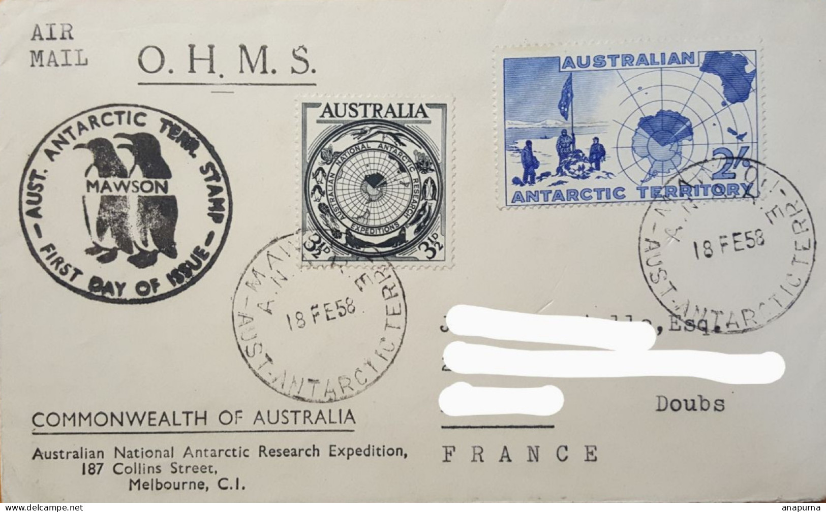 Pli Base Antarctique Australie Posté Base Mawson 18 Fev 1958. AGI. - Cartas & Documentos