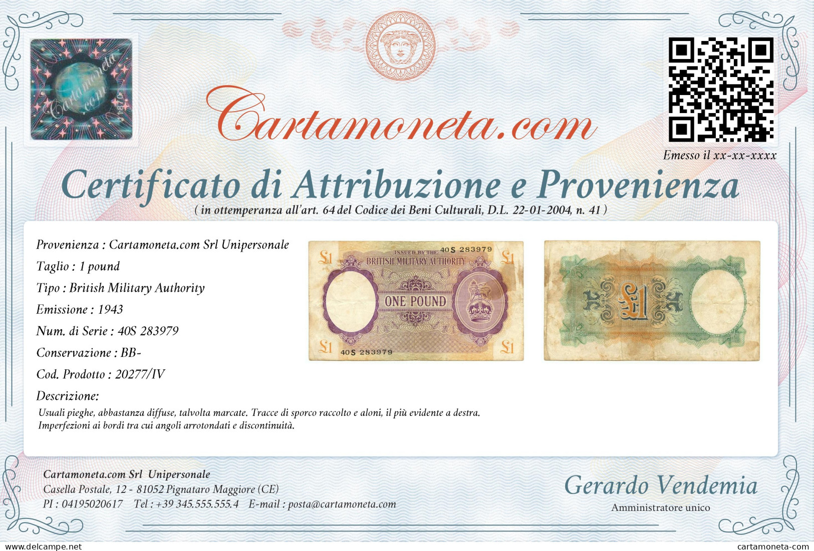 1 POUND OCCUPAZIONE INGLESE IN ITALIA BRITISH MIL. AUTHORITY 1943 BB- - 2. WK - Alliierte Besatzung