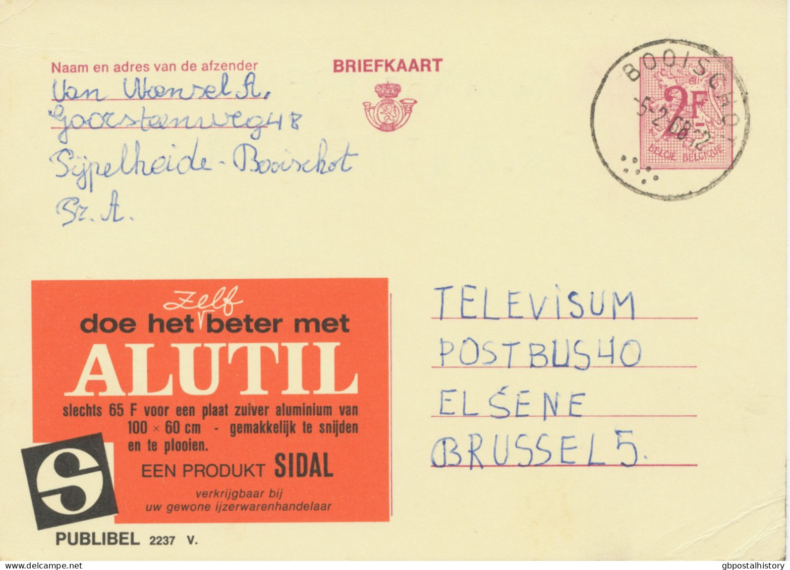 BELGIUM VILLAGE POSTMARKS  BOOISCHOT (now Heist-op-den-Berg) SC With Dots 1968 (Postal Stationery 2 F, PUBLIBEL 2237 V.) - Oblitérations à Points