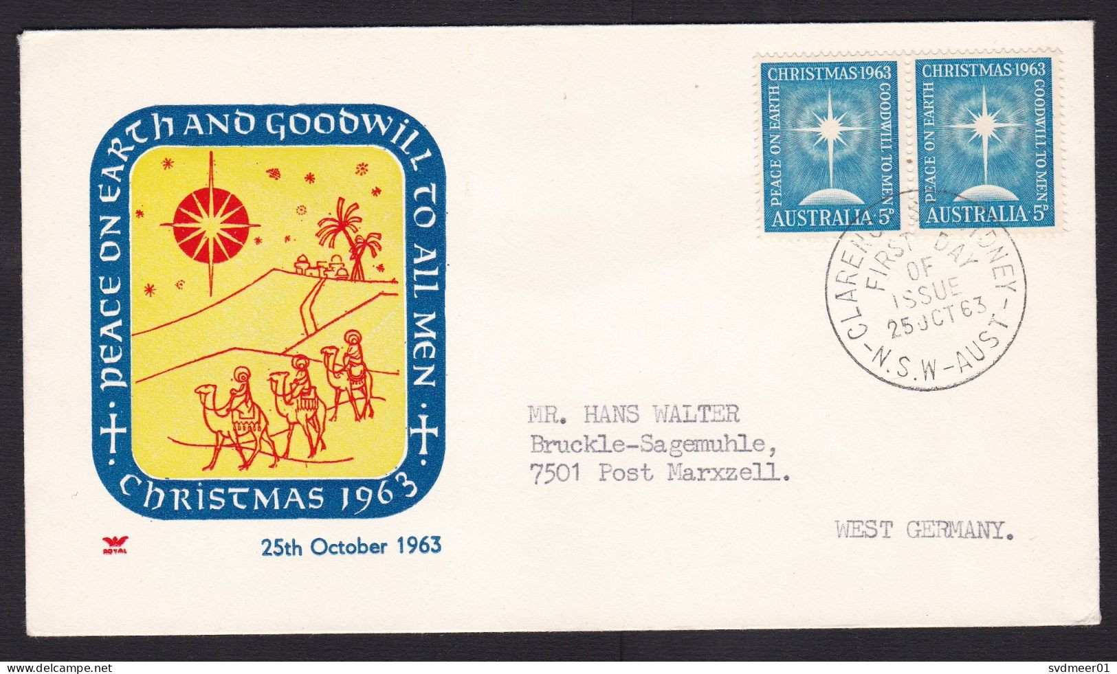 Australia: FDC First Day Cover To Germany, 1963, 2 Stamps, Christmas, Peace (traces Of Use) - Lettres & Documents