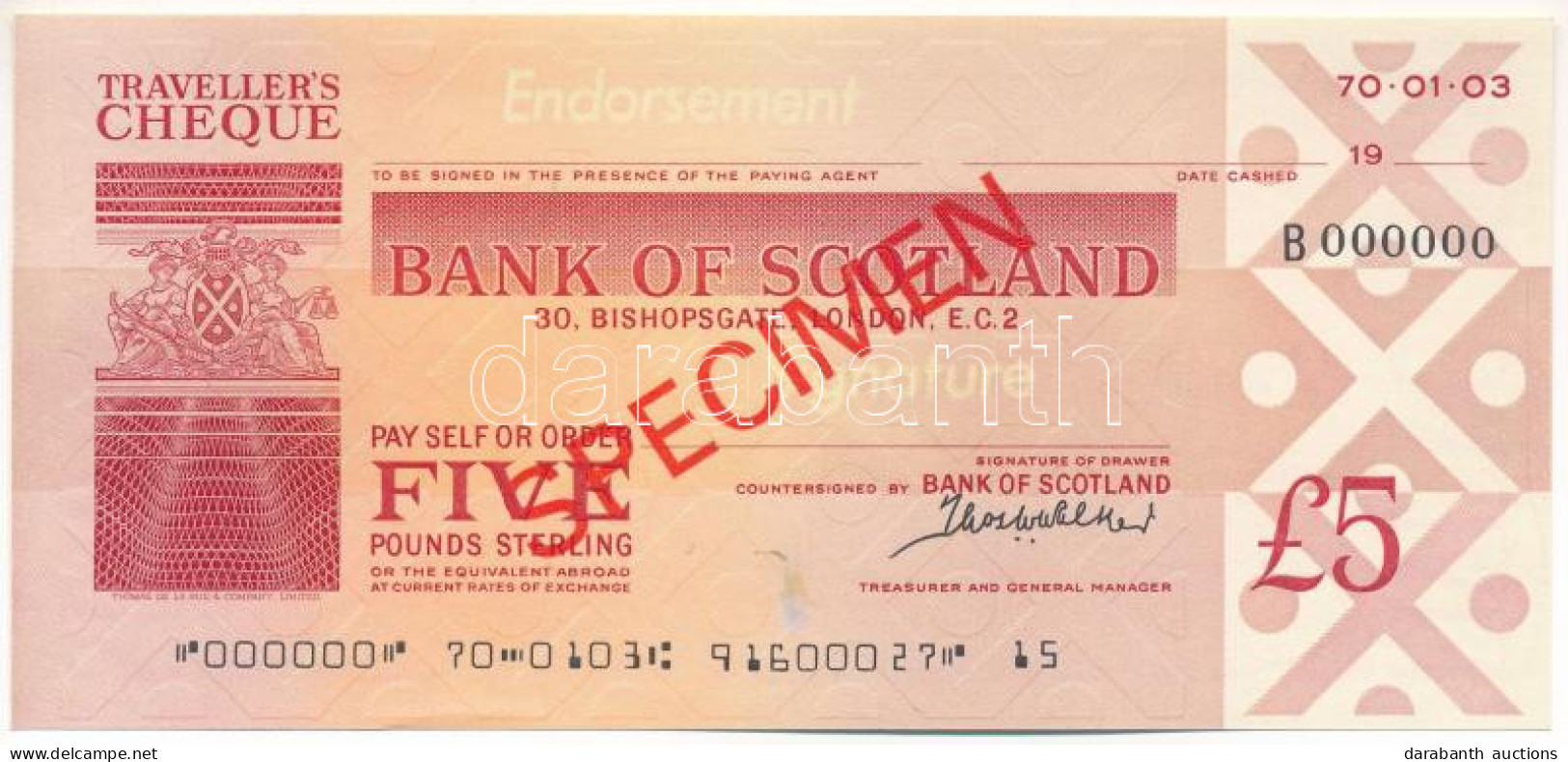 Skócia DN "Bank Of Scotland" Utazási Csekk 5P-ről, "SPECIMEN" Felülbélyegzéssel, "000"-ás Sorszámmal T:AU Scotland ND "B - Zonder Classificatie