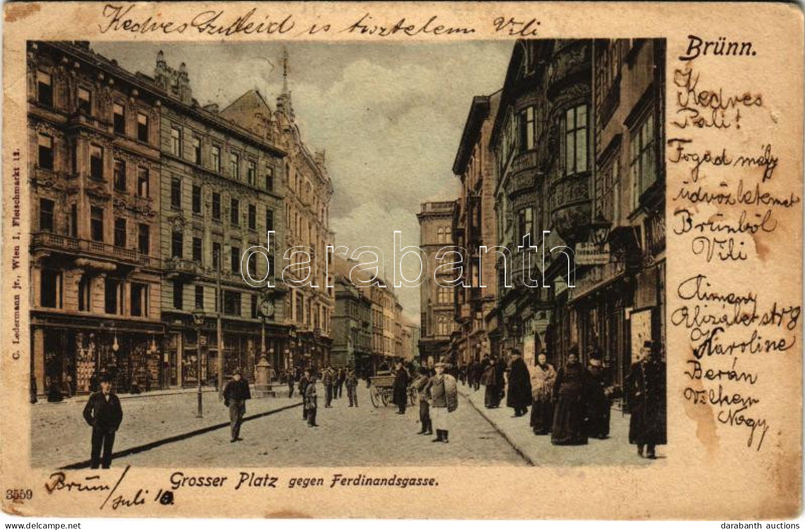 * T3 1905 Brno, Brünn; Grosser Platz Gegen Ferdinandsgasse / Square, Street View, Shops (EB) - Zonder Classificatie