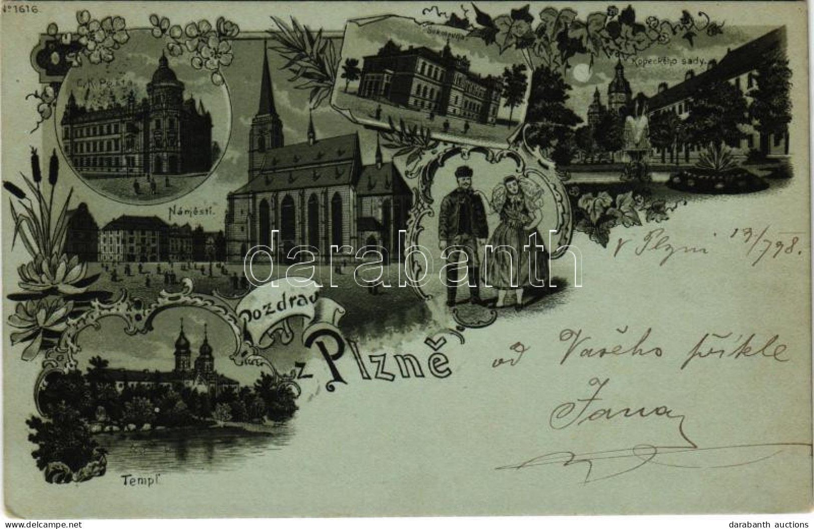 T2 1898 (Vorläufer) Plzen, Pilsen; C.k. Posta, Námestí, Templ, Sokolovna, Kopeckého Sady / Post Office, Square, Folklore - Unclassified