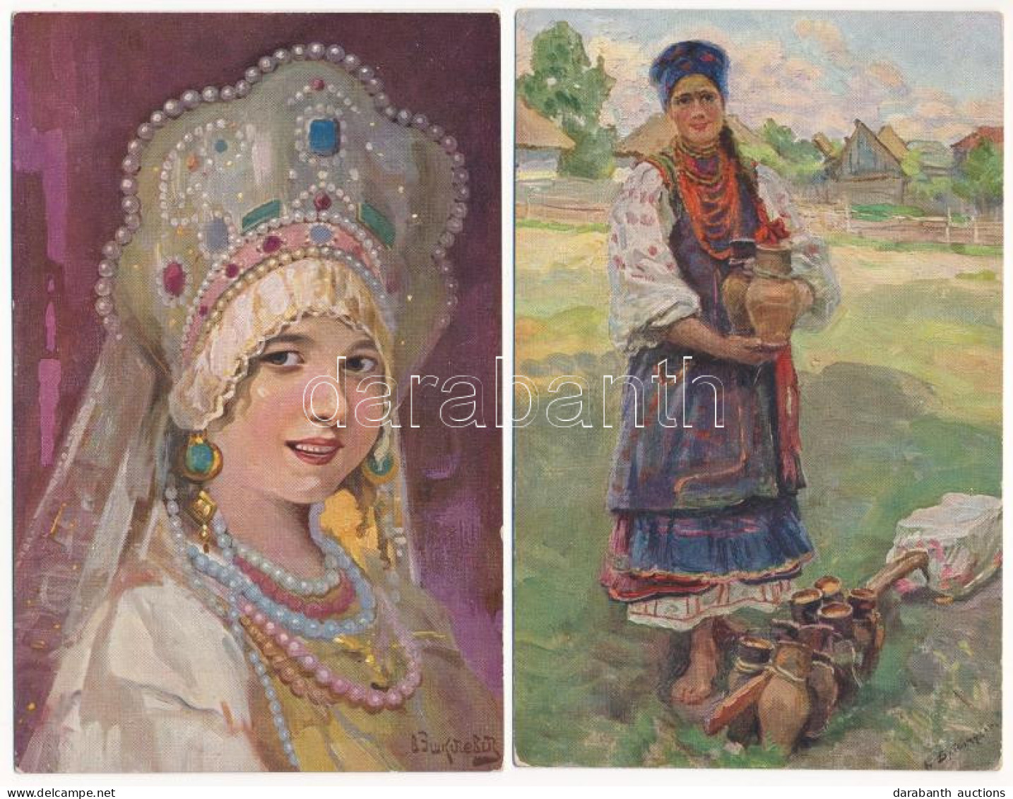 ** 4 Db Régi Orosz Népviseletes Művész Képeslap / 4 Pre-1945 Russian Folklore Art Postcards - Zonder Classificatie