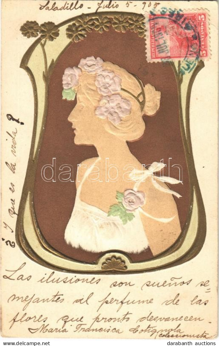 T4 1905 Art Nouveau Lady Emb. Litho (lyuk / Pinhole) - Zonder Classificatie