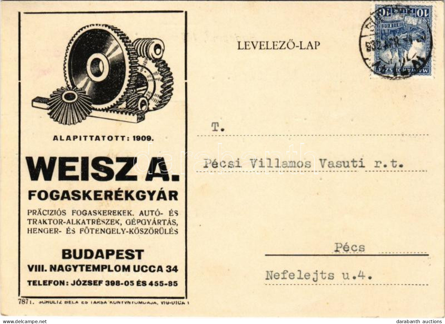 T2/T3 1932 Weisz A. Fogaskerékgyár Reklámja. Budapest VIII. Nagytemplom Utca 34. Schultz Béla és Társa Kiadása / Hungari - Non Classés