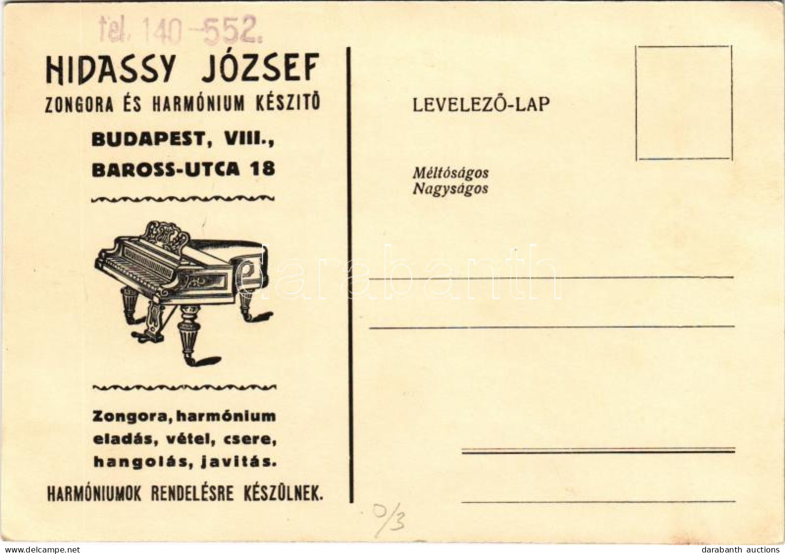 * T2 Hidassy József Zongora és Harmónium Készítő Reklámlapja. Budapest, Baross Utca 18. - Unclassified