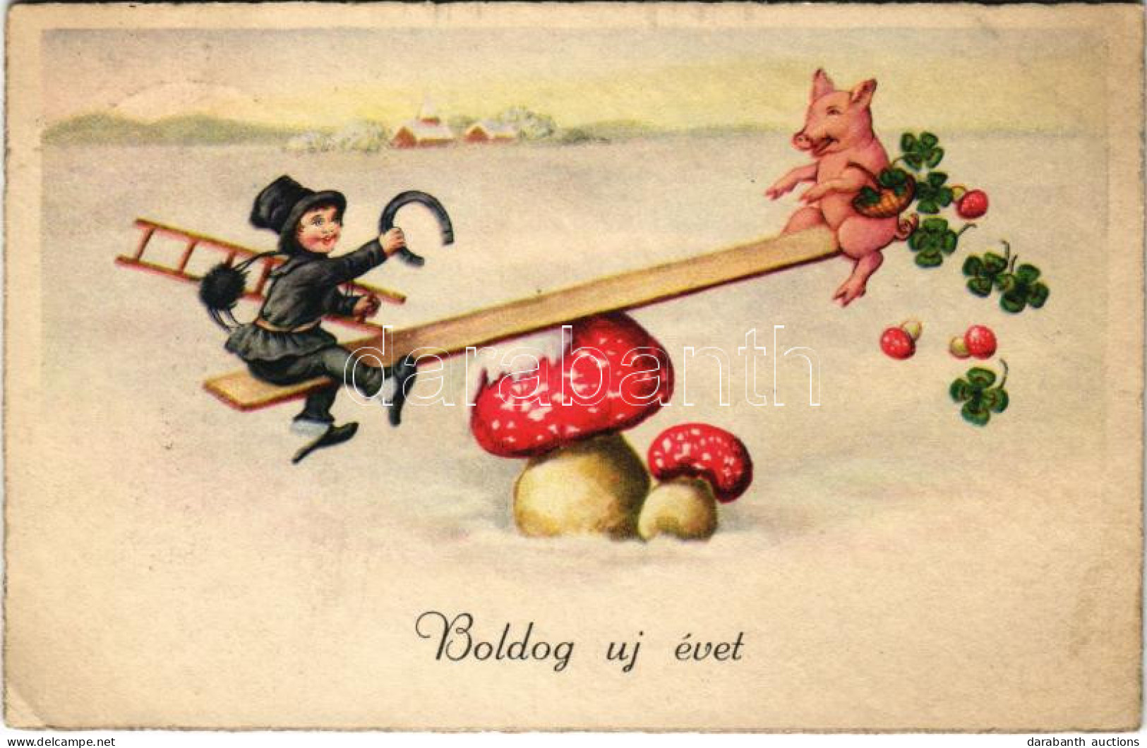 T2/T3 1937 Boldog Újévet / New Year Greeting Art Postcard With Chimney Sweeper And Pig On A Seesaw, Horseshoe, Mushrooms - Non Classés