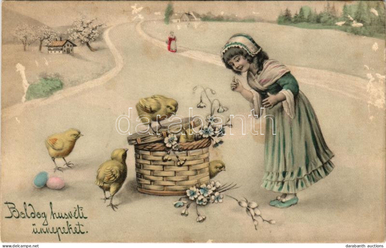 ** T2/T3 Boldog Húsvéti ünnepeket! / Easter Greeting Art Postcard, Girl With Chickens And Eggs. V.K. Vienne 4054. (fl) - Zonder Classificatie