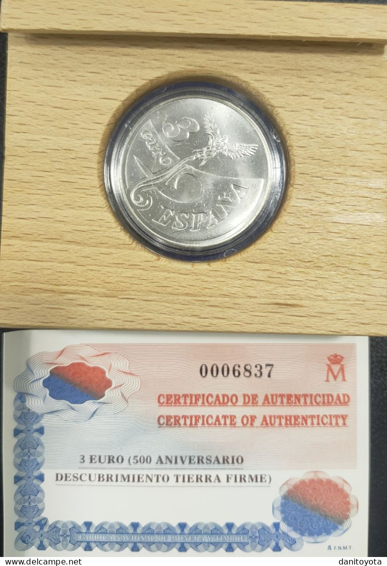 ESPAÑA. AÑO 1998. 3 EUROS PLATA. 500 ANIVERSARIO DESCUBRIMIENTO TIERRA FIRME. PESO 20 GR - Sonstige & Ohne Zuordnung