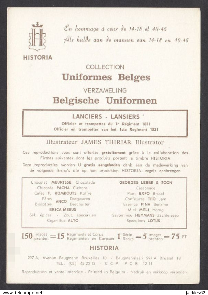 130111/ Historia, Collection *Uniformes Belges*, Lanciers, Officier Et Trompettes Du 1er Régiment 1831  - Artis Historia