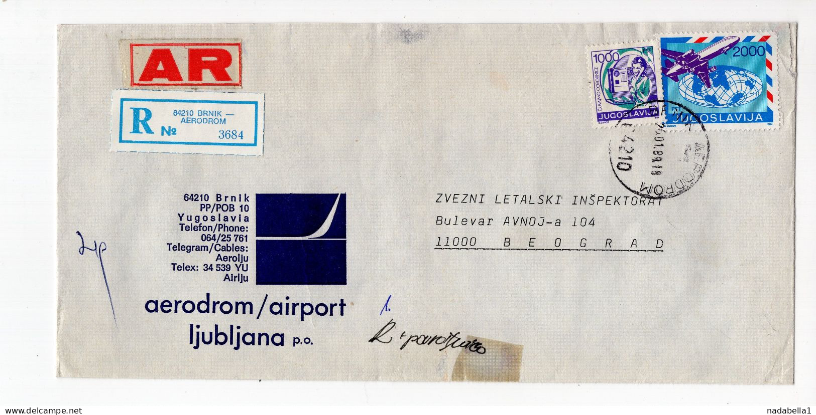 1989. YUGOSLAVIA,SLOVENIA,LJUBLJANA,BRNIK AIRPORT LJUBLJANA,AR RECORDED COVER TO BELGRADE - Lettres & Documents