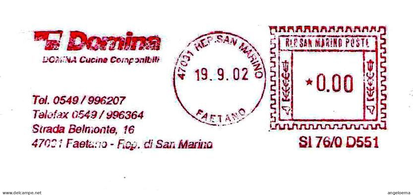 SAN MARINO - 2002 DOMINA CUCINE COMPONIBILI - Ema Affrancatura Meccanica Rossa Red Meter Su Busta Non Viaggiata - 1952 - Briefe U. Dokumente