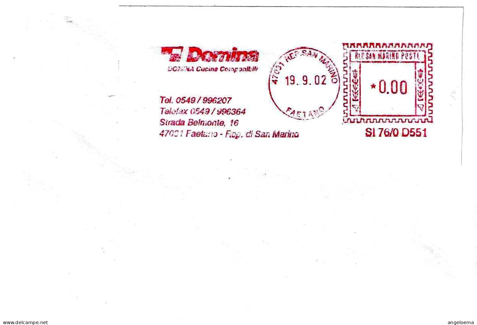 SAN MARINO - 2002 DOMINA CUCINE COMPONIBILI - Ema Affrancatura Meccanica Rossa Red Meter Su Busta Non Viaggiata - 1952 - Lettres & Documents