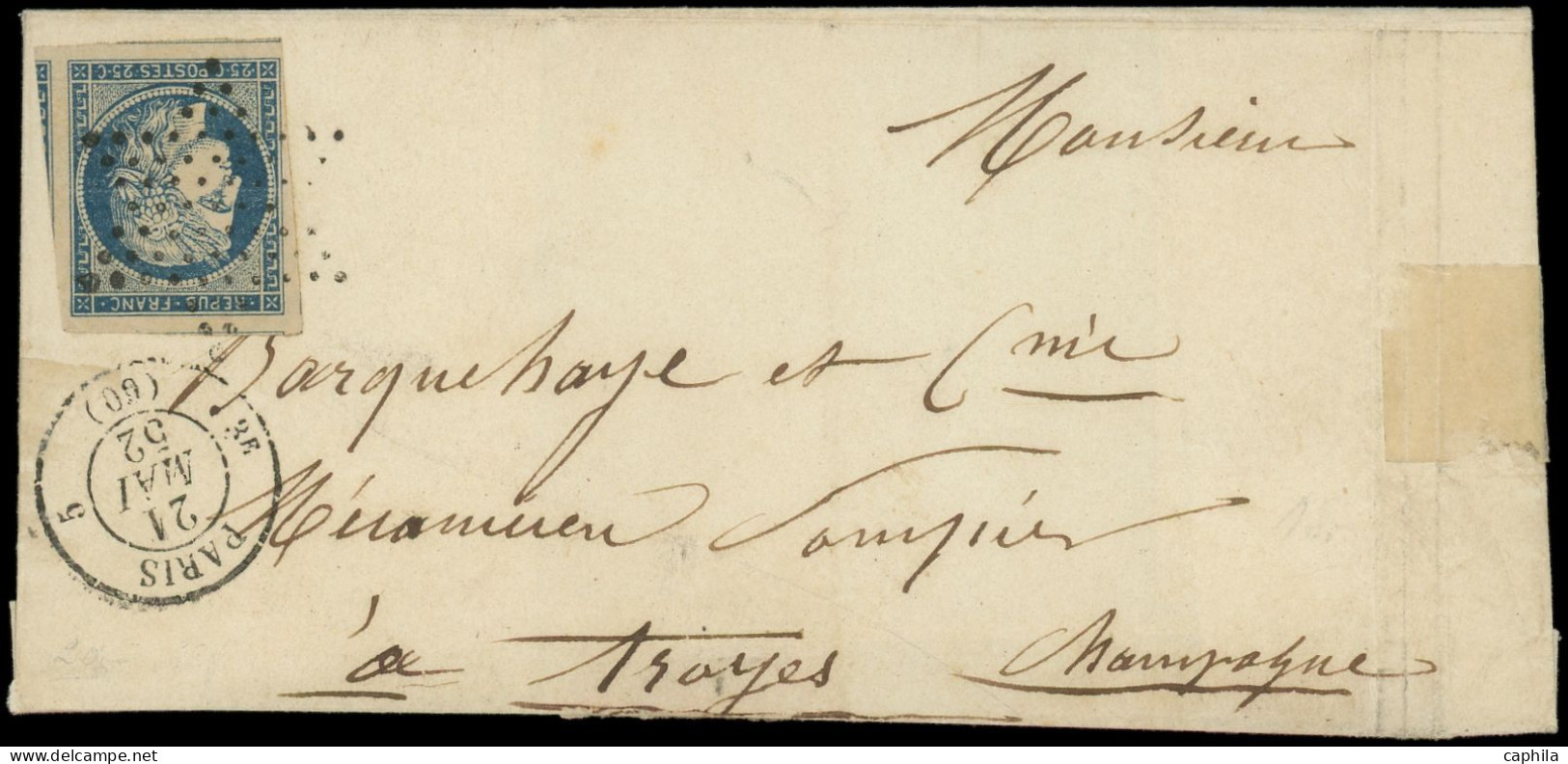 LET FRANCE - Poste - 4, Grandes Marges (4 Amorces De Voisins), Obl étoile Sur Lettre Cad Paris 21/5/52: 25c. Bleu - 1849-1876: Klassik