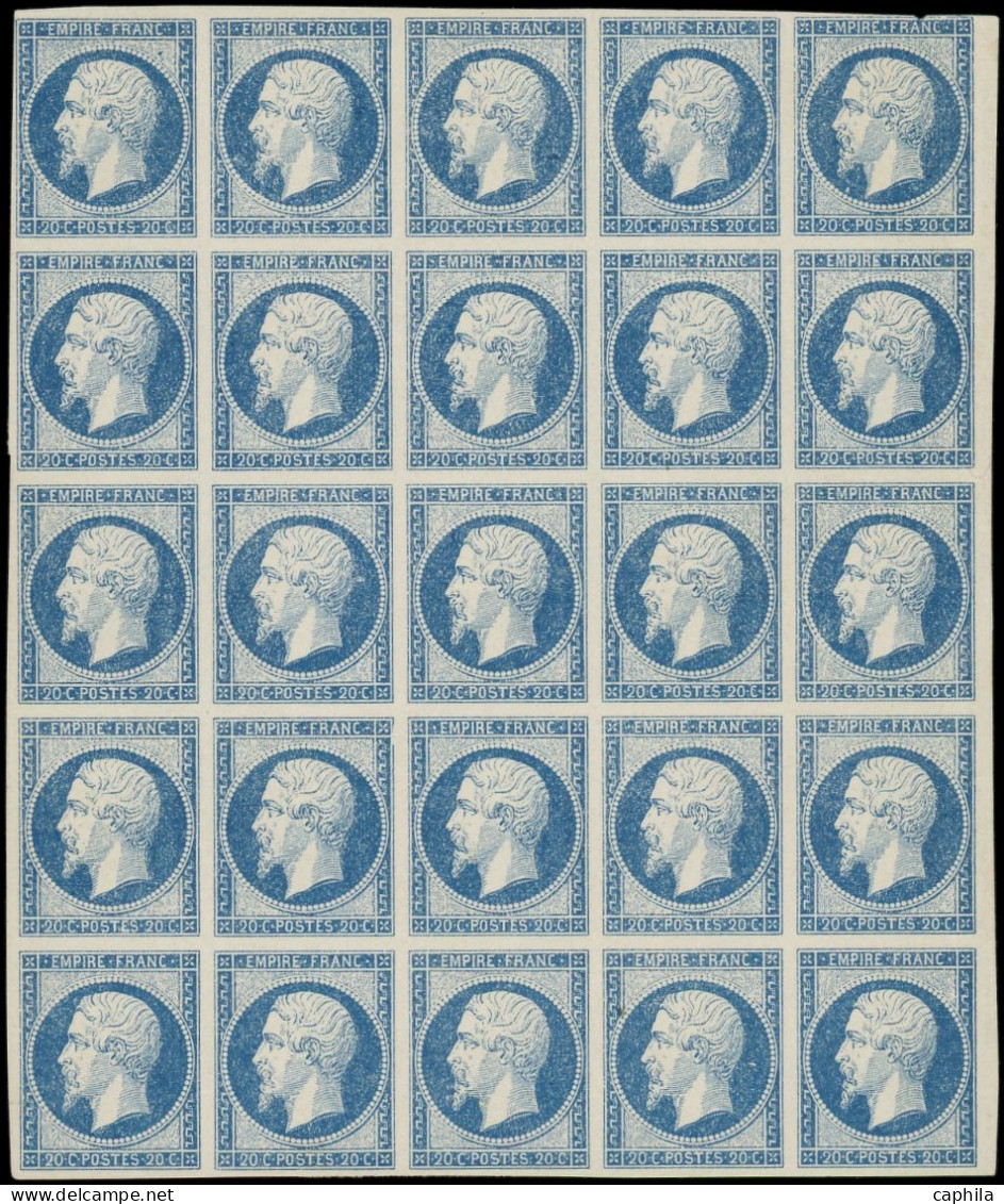 ESS FRANCE - Poste - 14A, Type I, Essai En Bleu, Impression Défectueuse, Bloc De 25 Dont 5 Ex Défectueux: 20c. Empire - 1853-1860 Napoléon III.