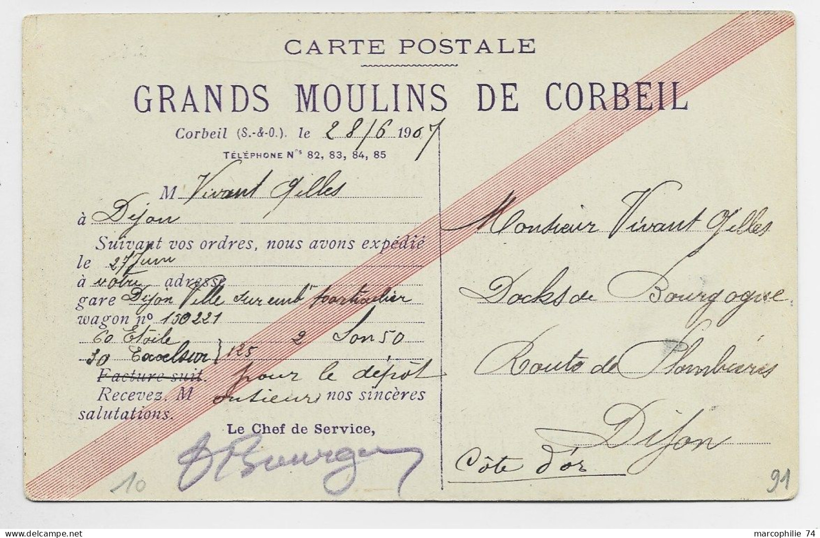 SEMEUSE 10C LIGNEE PERFORE GMC AU RECTO CARTE GRANDS MOULINS DE CORBEIL 1907 SEINE ET OISE - Brieven En Documenten