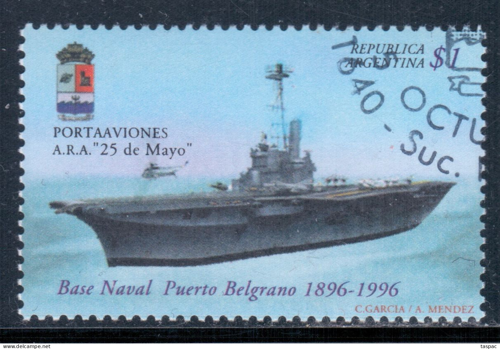 Argentina 1996 Mi# 2318 Used - Short Set - Port Belgrano Naval Base, Cent.  / Aircraft Carrier, "25th Of May" - Gebruikt