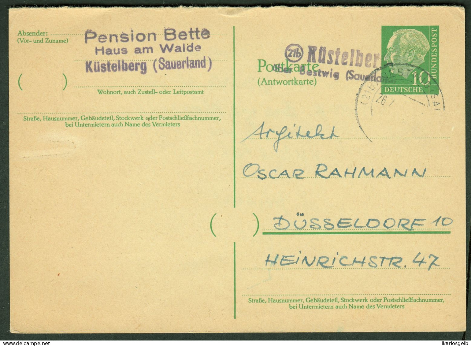 21b KÜSTELBERG über BESTWIG 1958 LANDPOSTSTEMPEL Blau Antwort-GANZSACHE 10Pf-HeußI Heimatbeleg > Düsseldorf - Postkarten - Gebraucht