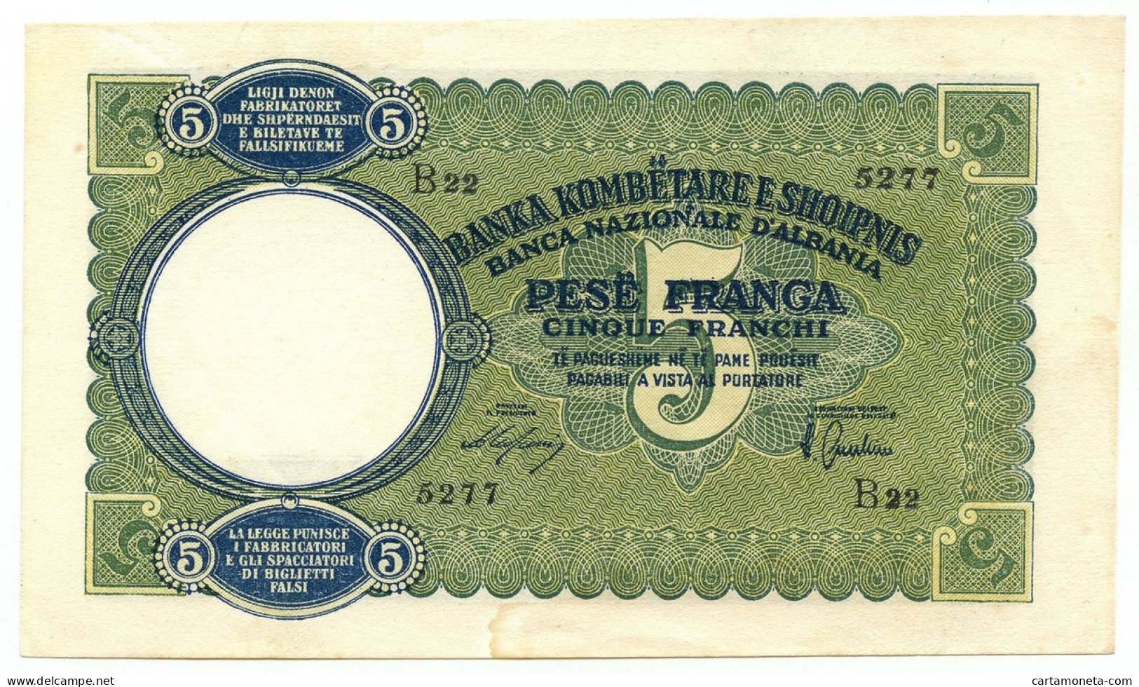 5 FRANCHI REGNO D'ITALIA E ALB. BANCA NAZIONALE D'ALBANIA GIUGNO 1939 SPL- - Zonder Classificatie