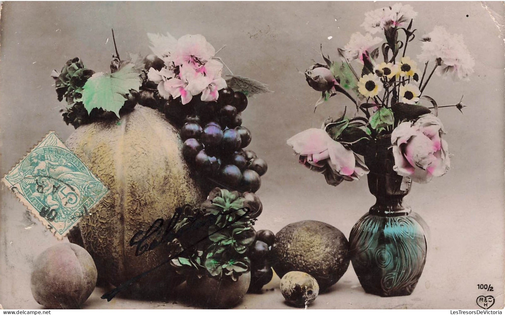 FLEURS - PLANTES - Grappes De Raisins - Fruit - Roses - Papaye - Carte Postale Ancienne - Blumen