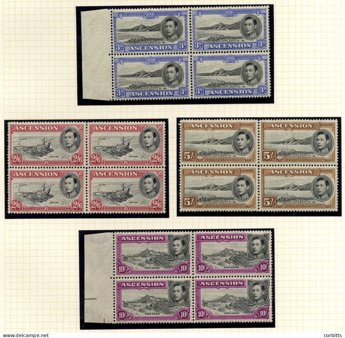 1938 KGVI P.13½ Pictorial Defins In M Blocks Of Four - 3d Black & Ultramarine Marginal Block (3x UM), 2/6d (2x UM) Some  - Other & Unclassified