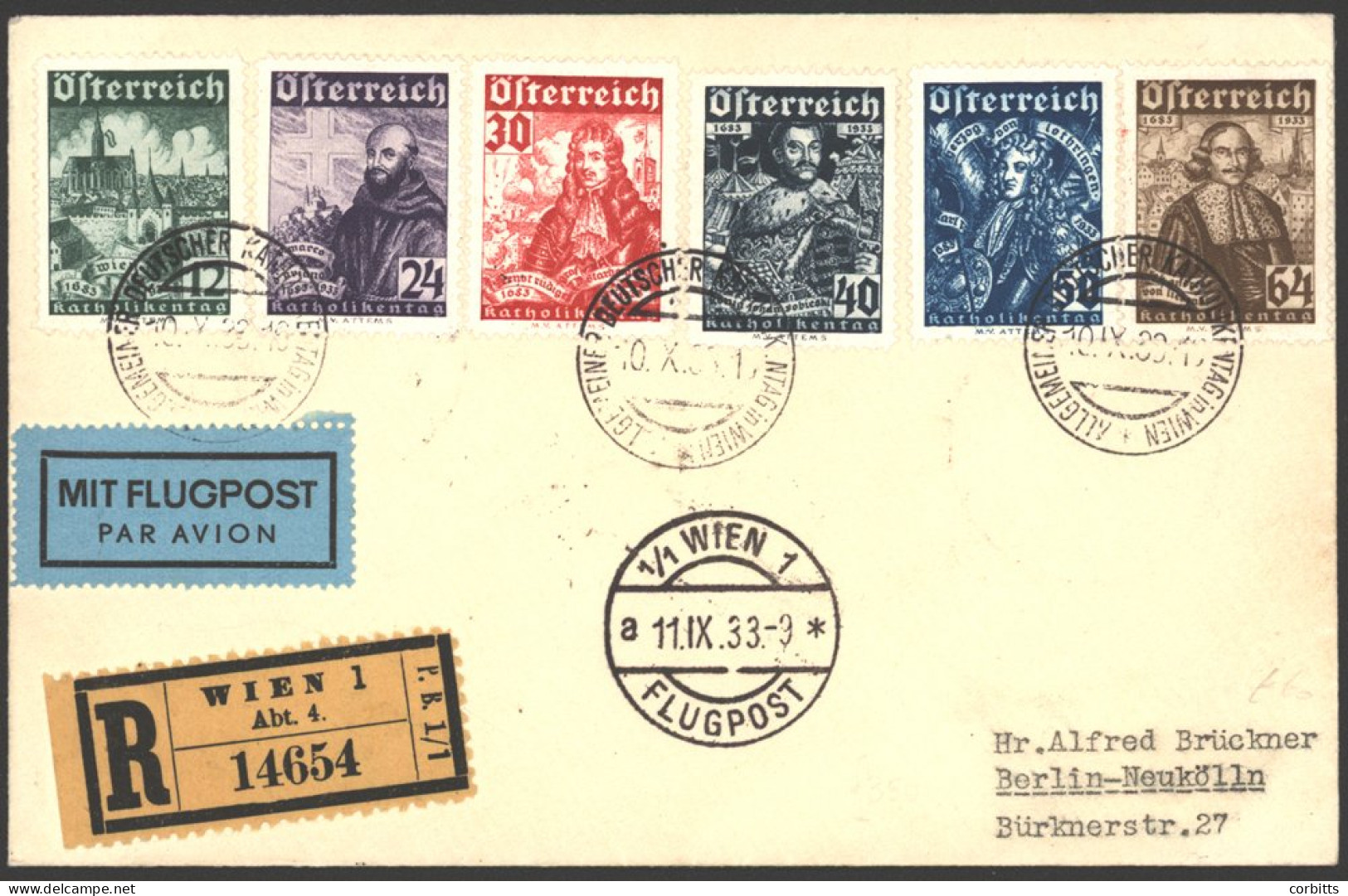 1933 250th Anniv Of Relief Of Vienna Set Together On A Reg Airmail Cover To Berlin, Neatly Tied By Double  Ring Cancels, - Autres & Non Classés