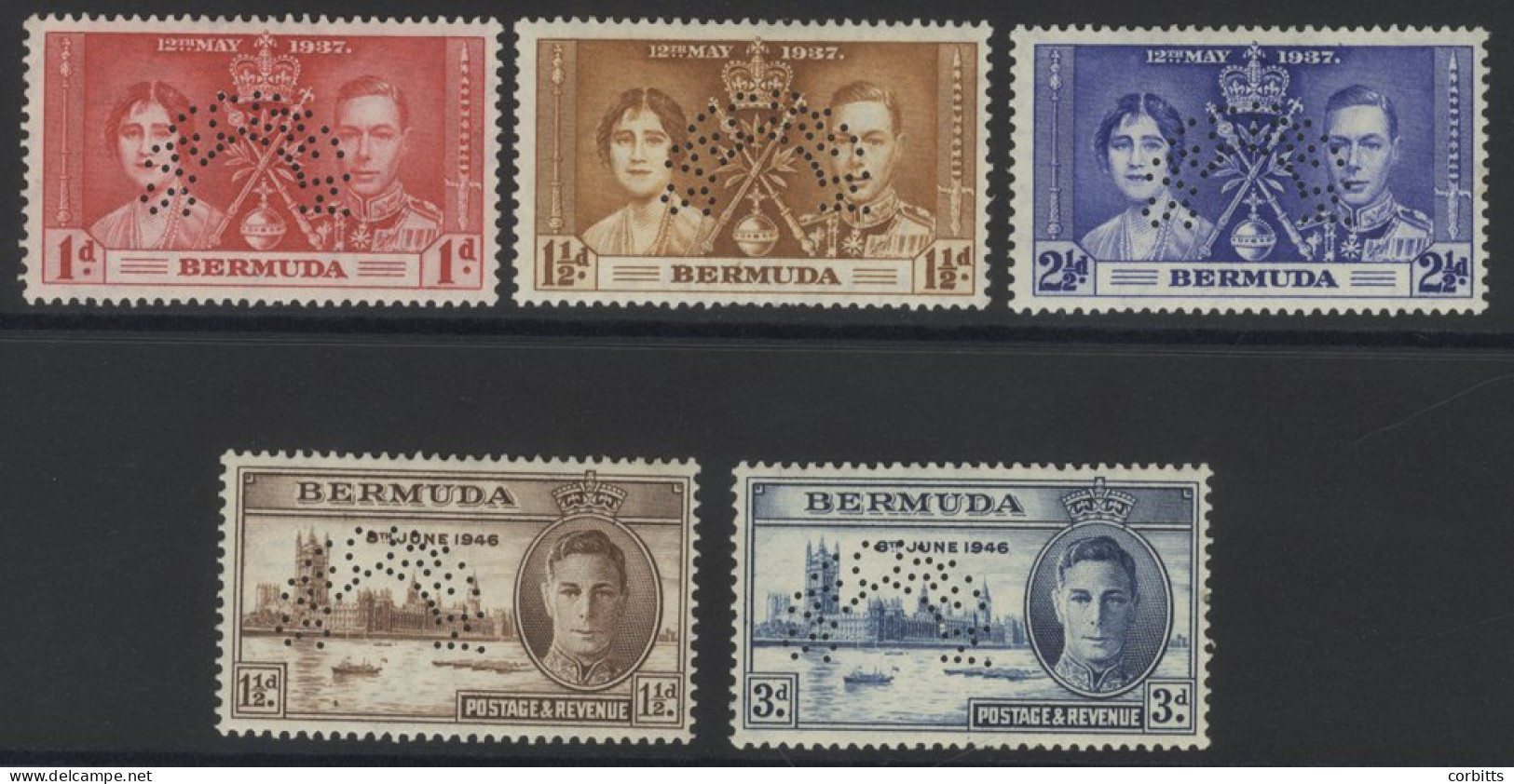 1937 Coronation Set & 1946 Victory Set Perf SPECIMEN, Fine M, SG.107s/9s & 123s/4s, Cat. £385 (5) - Autres & Non Classés