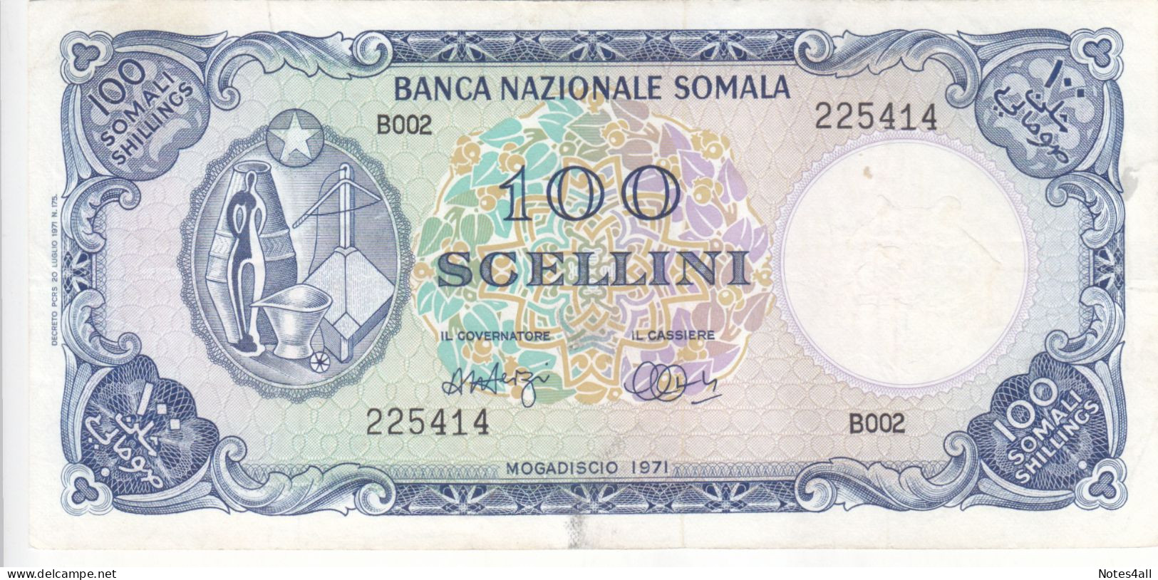 SOMALIA 100 SHILLINGS 1971 P 16a High Crisp EF/XF Series B002 - Somalie