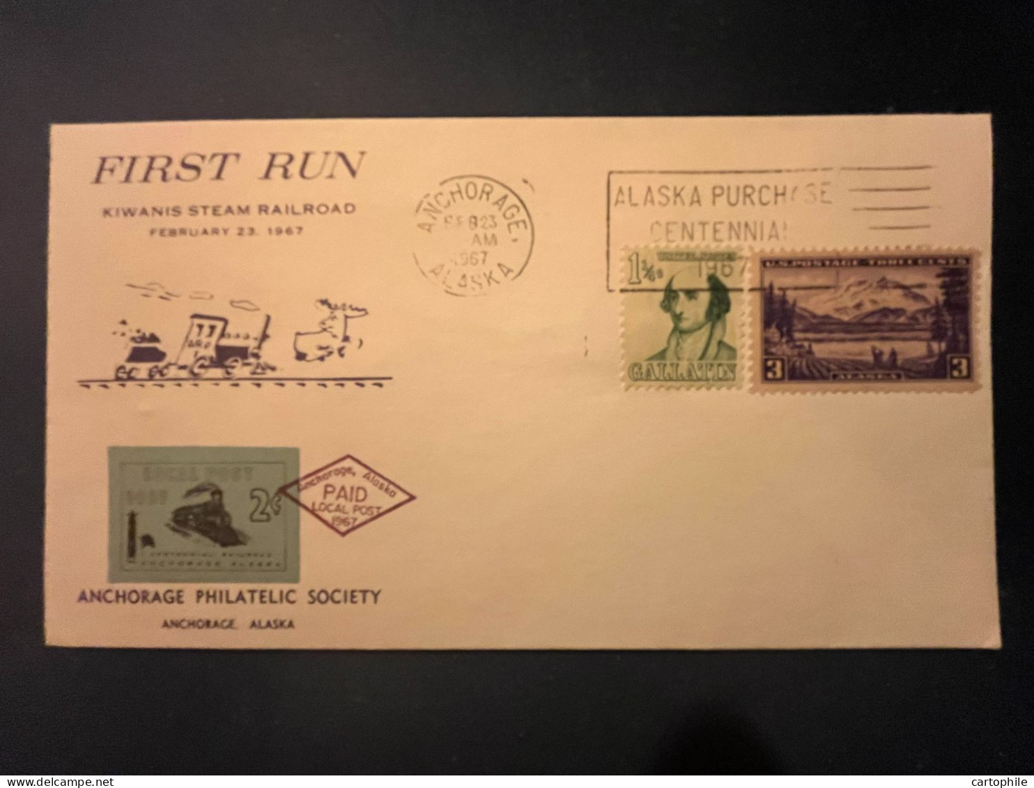 Local Post Anchorage Alaska - First Run Kiwanis Steam Railroad Cover 1967 - Timbre Local 2c Centennial Railroad - Briefe U. Dokumente