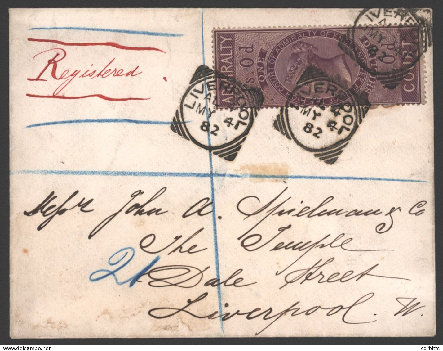 1882 Reg Cover Used Locally In Liverpool Franked By Admiralty Court 1s Revenue Adhesive Well Tied By Liverpool Squared C - Autres & Non Classés